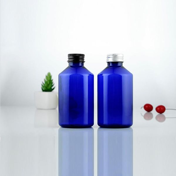 

20pcs 220ml empty blue pet cosmetic bottle with aluminum screw cap 220cc toner refillable container storage bottles & jars