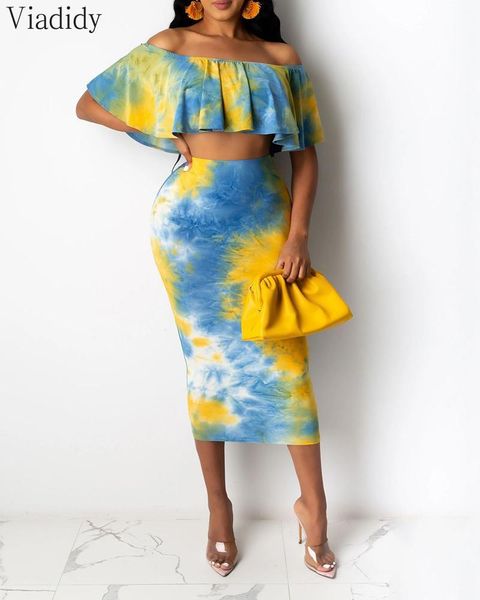 

women's tracksuits tie dye print 2pcs suits women casual off shoulder ruffles and high waist bodycon midi skirt set, Gray
