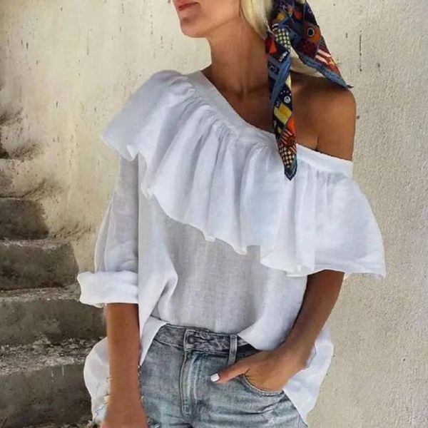 

women's t-shirt summer solid strapless shoulder short sleeve casual linen loose tunic blusas pullovers 2021 #40, White