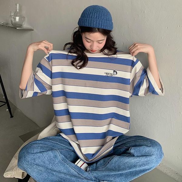 

women's t-shirt summer girl striped loose casual sweet short-sleeved wild ins fashion clothes, White