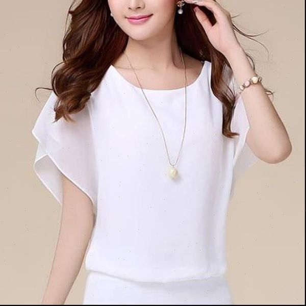 

casual women shirt chiffon blouse female solid short sleeve ruffle batwing summer beach plus size, White