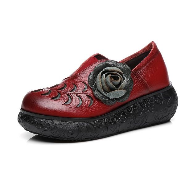 

dress shoes women autumn genuine leather high heels handmade vintage flower platform wedges woman pumps, Black