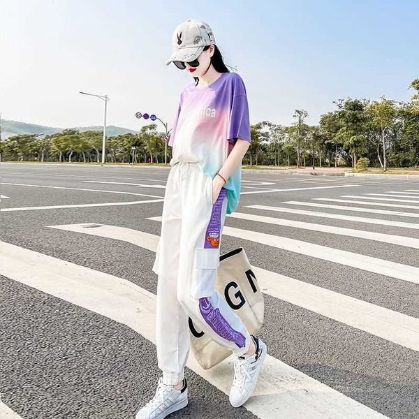 

women's t-shirt womens suits sports female salt fried street thin t-shirt loose fashion casual pants two piece sets kawaii clothes, White
