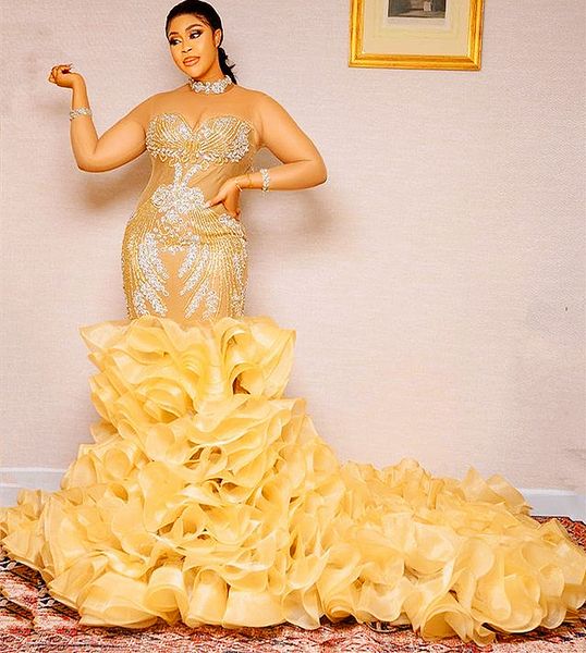 

aso ebi 2021 arabic plus size gold mermaid prom dresses lace beaded sheer neck evening formal party second reception gowns dress zj267, Black;red