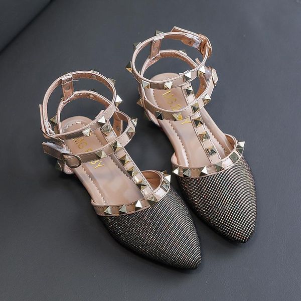 

sandals girls roman style kids princess shoes fashion covered-toes beach with rivets pointed sandal smg117, Black;red