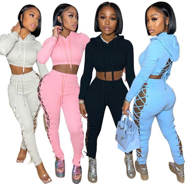 

desinger two piece pants set women tracksuits hollow out hoodies bandage jacket contrast splicing strap coat outfits s-xxl, White