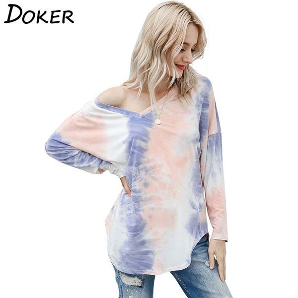 

korean style tie dye long sleeve t shirt for women autumn v-neck plus size fashion tshirt harajuku tee shirt femme 210423, White;black