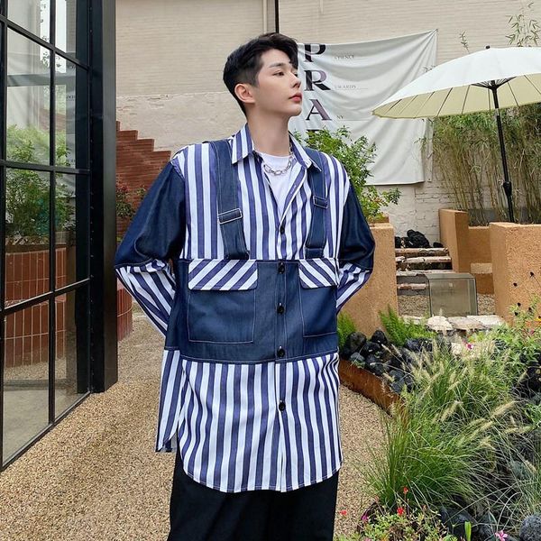 

male streetwear hip hop shirt men denim splice stripe long sleeve casual loose men's shirts, White;black