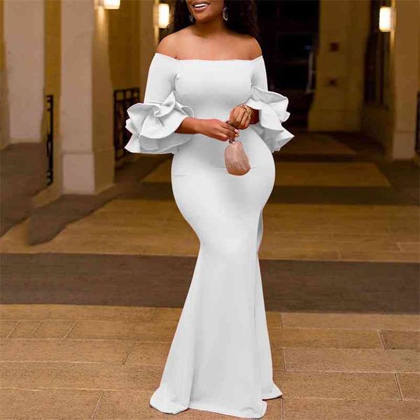 

african ladies party long dress white slash neck ruffles bodycon mermaid floor length elegant evening dinner night vestidos 210510, Black;gray