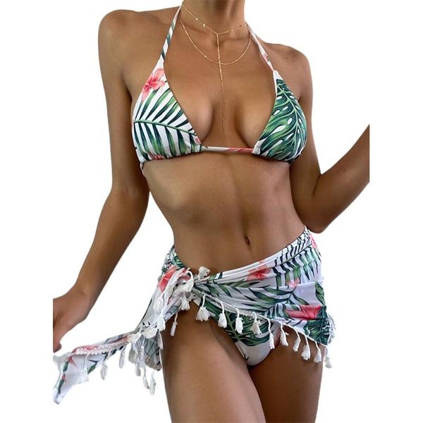 

women 3pcs bikini set halter string triangle brazilian swimsuit with tassel beach sarong wrap skirt boho tropical leaves pr one-piece s