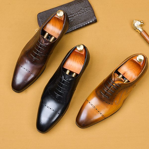 

lacing genuine leather formal dress shoe for men wedding brogue business oxford party shoe black coffee pointed toe italian shoe