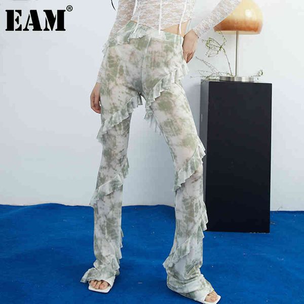 

[eam] high waist green tie dry ruffles mesh long trousers loose fit pants women fashion spring summer 1dd7421 210512, Black;white