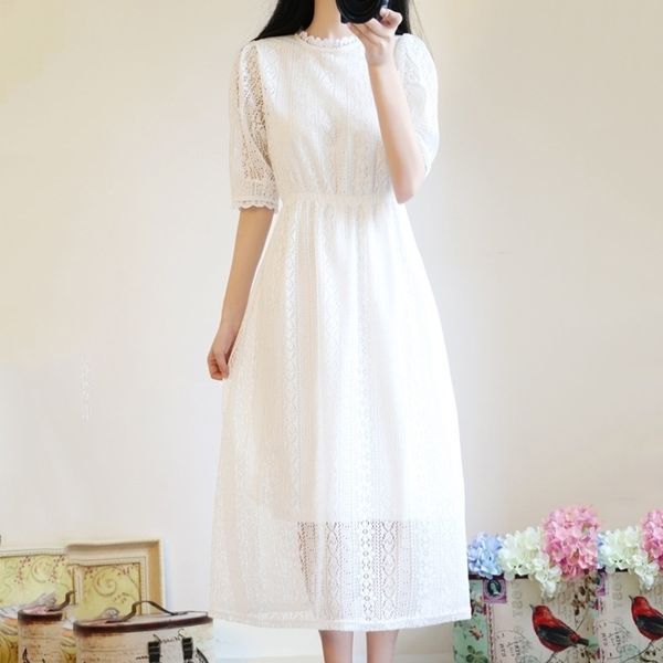 

paris girl summer women white lace long dress korean chic sweet lace up slim vestido longo half sleeve elegant preppy midi dress 210325, Black;gray