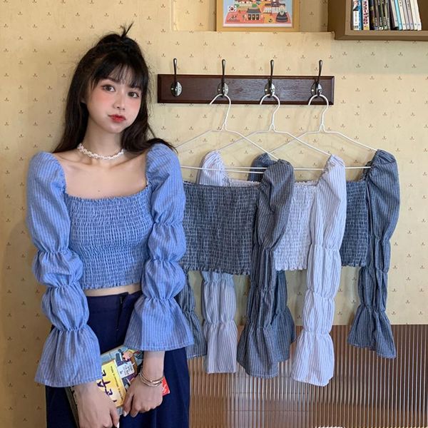 

fashion brand women's clothing autumn square collar lantern sleeve blouses female korean slim shirts hipster solid crop &, White