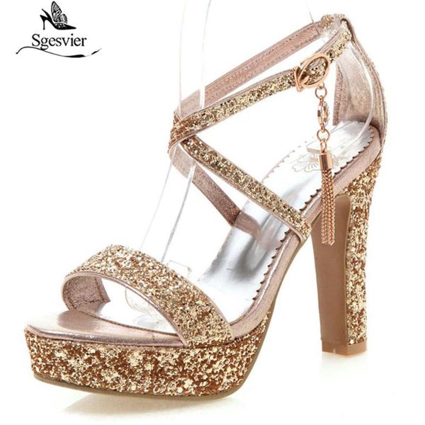 

sgesvier arrivals plus size 33-48 brand women shoes woman fashion bling upper ankle strap high heels sandals g446 dress, Black