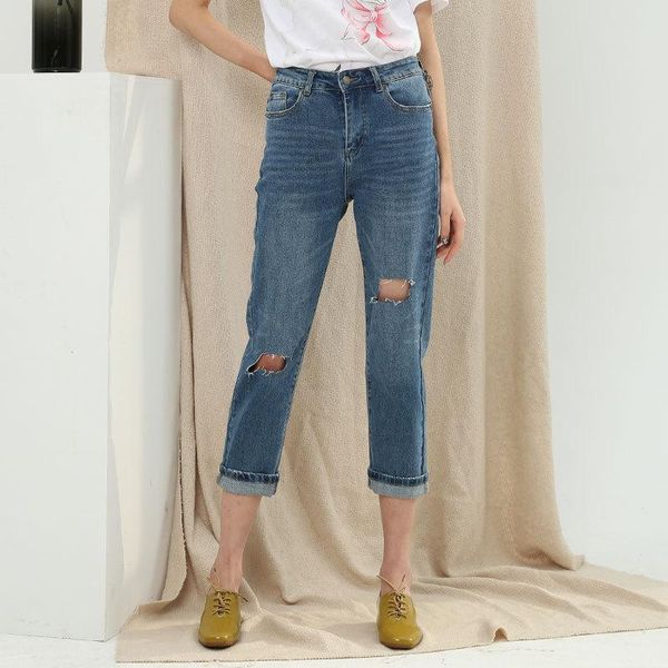 

women's jeans spring 2021 women high street denim pants ankle length hole loose waist, Blue