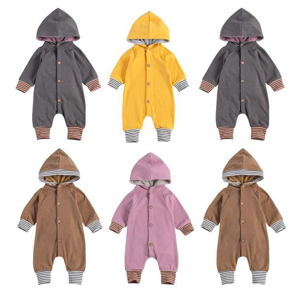 

jumpsuits 20220 0-24m baby boy girl hooded rompers fall long sleeve button down striped patch one piece jumpsuit pants clothes, Blue