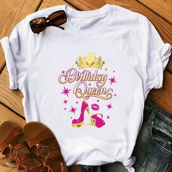 

birthday queen graphic print womens t shirts crown high shoes lips femme harajuku vogue female streetwear, White