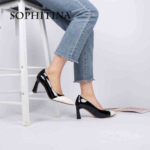 

sophitina basic genuine leather thin office lady pumps shoes women heels comfortable pointed toe splicing dressing pumps pk49 210513, Black