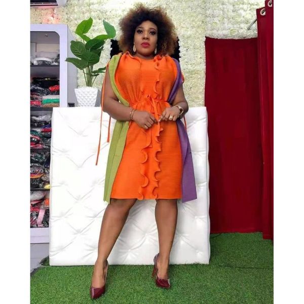 

large size pleated skirt flared sleeve color flounces knee length women fashion summer african vestidos ethnic clothing, Red