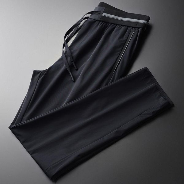 

men's pants silky cool high count fabric fashion casual summer 2021 drawstring elastic waist straight, Black