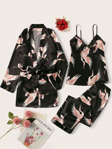 

3pcs plus crane print satin robe & cami & pants m86e#, Black;white