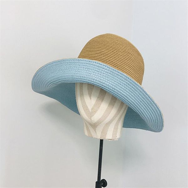 

straw hat bowknot sun caps large wide brim beach women summer boater ribbon round fedora hats double-color foldable, Blue;gray