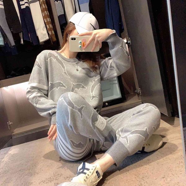 

tb pullover sweater men's women's same autumn winter dolphin printing knitted tide br sports and leisure suit, Gray