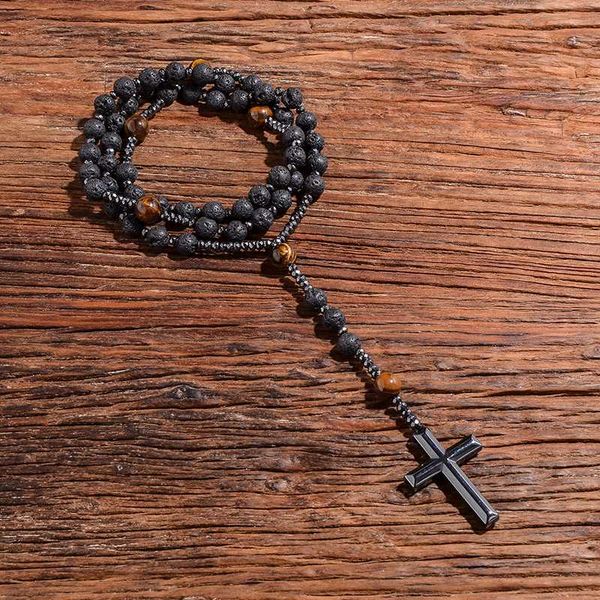 

pendant necklaces black lava stone yellow tiger eye beaded catholic christ cross necklace male and female mala rosary meditation yoga jewelr, Silver