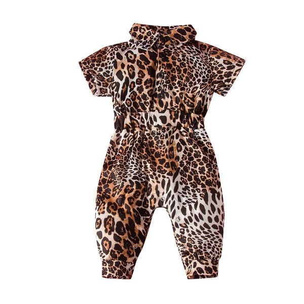 Children's Roupas de verão Moda Meninas Jumpsuit Europeu e Americana Estilo Leopardo Impressão Lapela Bodysuit 210515