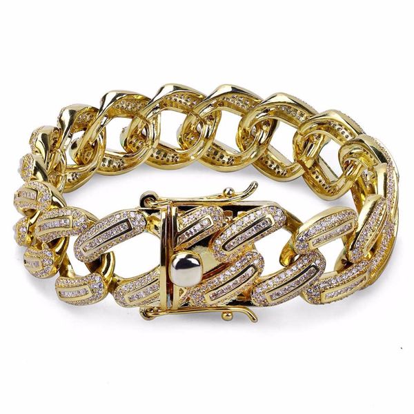 

new fashion charm 19mm miami curb cuban chain bracelet for men hip hop big heavy rock bling iced out paved rhinestones cz bracelets rapper j, Golden;silver