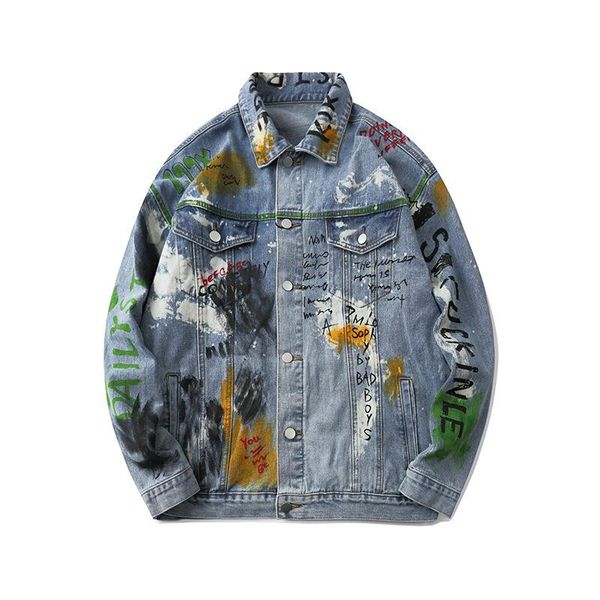 

men's jackets hip-hop denim jacket men loose literary graffiti street personality male, Black;brown