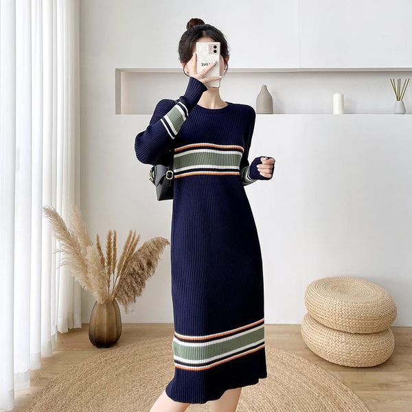 

maternity dresses clothes knitted warmth pregnant women breastfeeding round neck sweater dress autumn winter fashion striped clothing, White