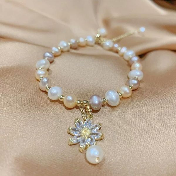 

link, chain korean trendy simple shiny zircon flower natural freshwater pearl bracelet for women temperament elegant fashion jewelry gifts, Black