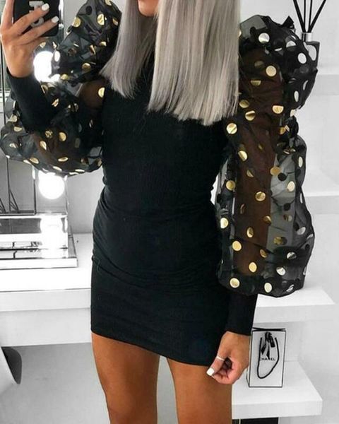 

women polka dot mesh puff sleeve dress female mini black spring winter lady evening party skinny pencil casual dresses, Black;gray