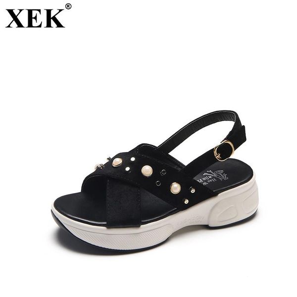 

dress shoes xek thick-soled pearl sandals female 2021 fashion casual for women flat summer cool students jh200, Black