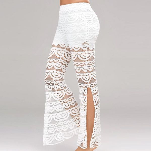 

long loose flared pants fashion womens solid high waist casual lace spliced hollow out women clothing#j30 women's & capris, Black;white