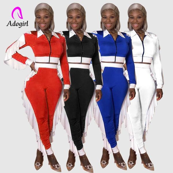 

women's two piece pants fitness women 2 set ruffles long sleeve zipper crop + high waist matching 2021 autumn workout tracksuits, White