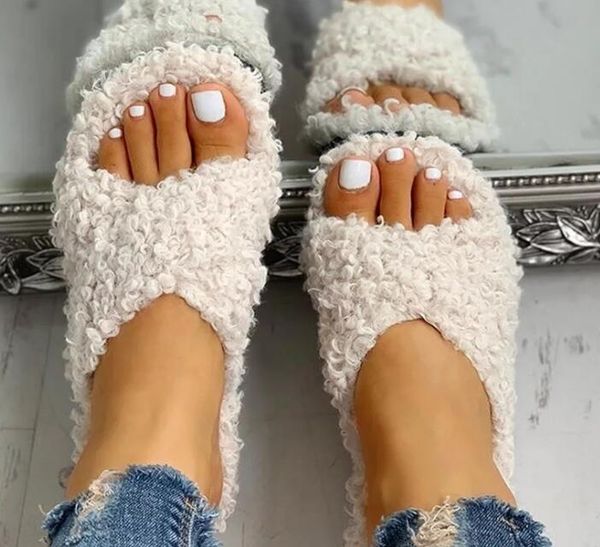

2021 summer plus size plush wool slippers women cross flat lamb wool ladies slippers, Black