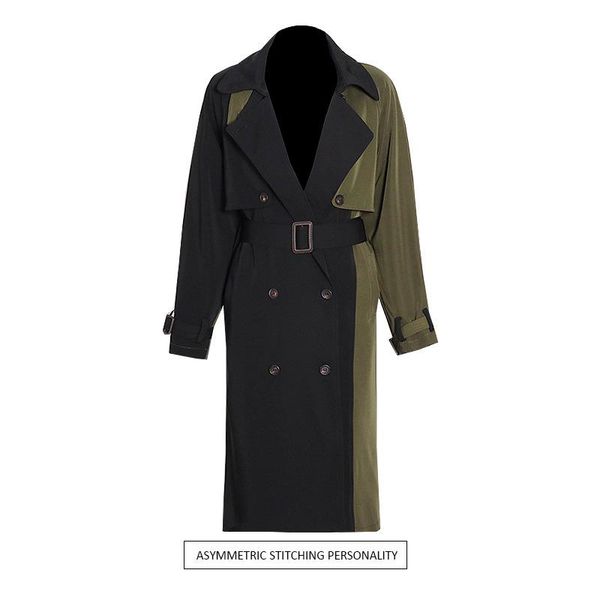 

spring fashion temperament casual splicing contrast color personality asymmetric lace up medium length windbreaker coat women's trench, Tan;black
