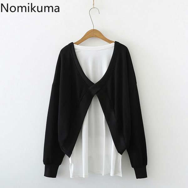 

nomikuma fake two pieces causal women sweatshirt back cross patchwork pullover hoodies autumn new korean jumper 6c822 210427, Black