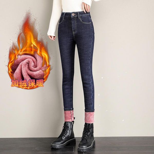 

winter women plush warm pencil jeans female thicken fleece stretch denim trousers lady high waist slim straight long pants women's, Blue