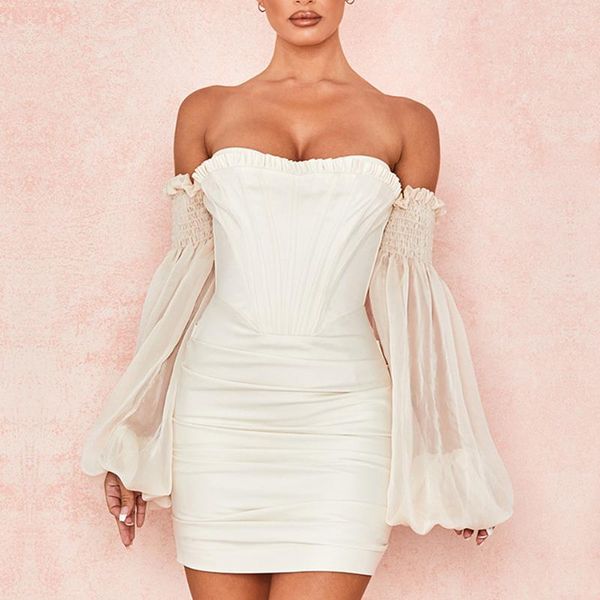 

casual dresses miss water 2021 summer white lace dress off shoulder long puff sleeve club celebrity evening runway party vestido, Black;gray
