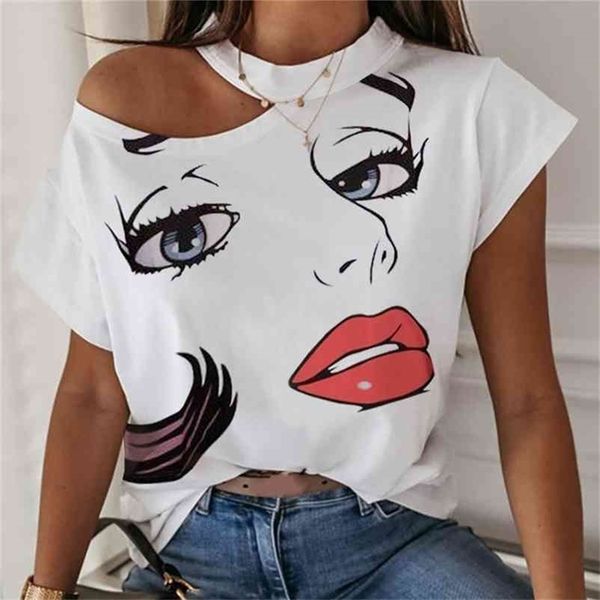 

summer lips print hollow out women t shirt halter short sleeve female white t-shirts fashion streetwear plus size tshirts ladies 210524