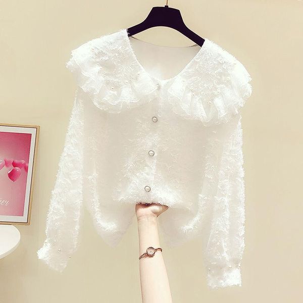 

women's blouses & shirts 2021 spring and autumn temperament beaded lace edge doll collar long sleeve shirt women casual all-match, White