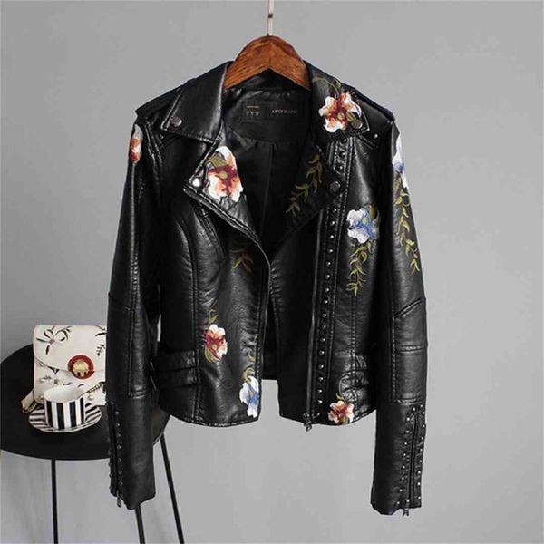 

2021 brand women jackets floral print embroidery soft leather female jacket coat casual pu motorcycle punk outerwear, Black