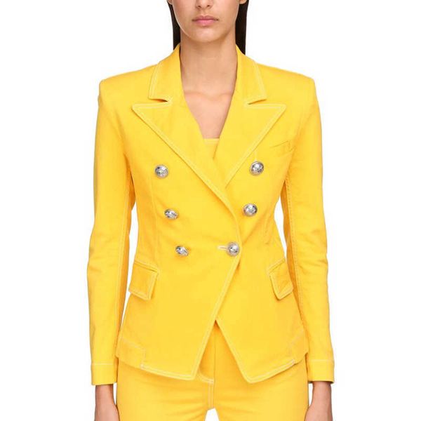 

est designer blazer women's lion buttons double breasted stitching contrast denim jacket 210526, White;black