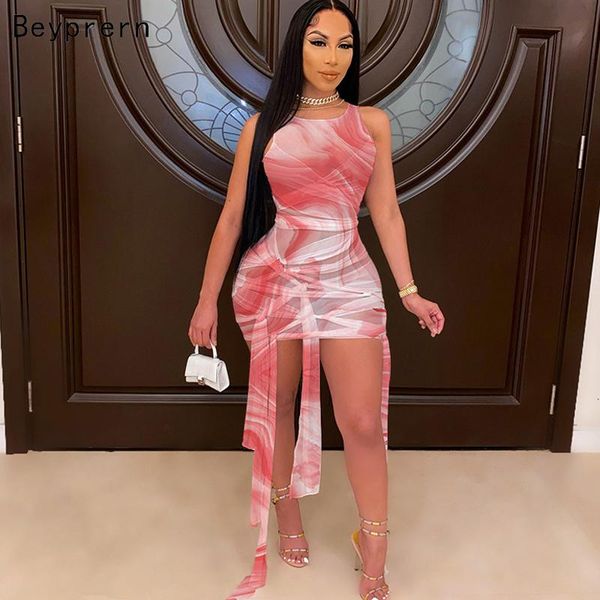 

casual dresses beyprern summer sleeveless sheer mesh multi-way straps dress chic tie dye printed bodycon party club night out robes, Black;gray