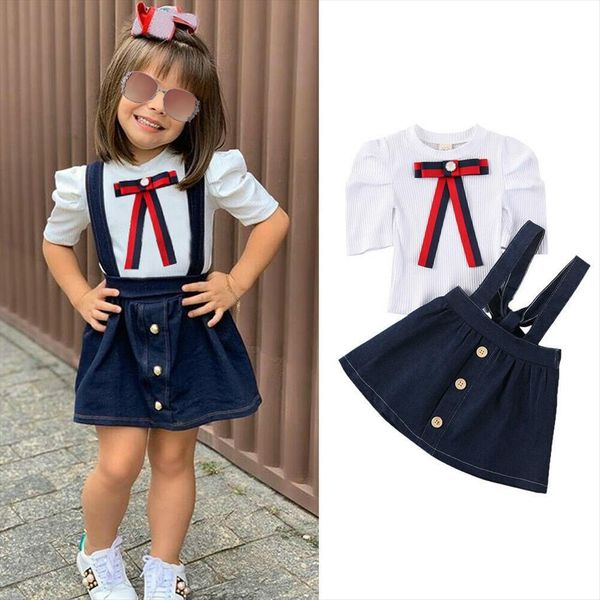 

2pcs toddler kids baby girls clothes sets bowknot puff sleeve t shirts denim strap dress, White