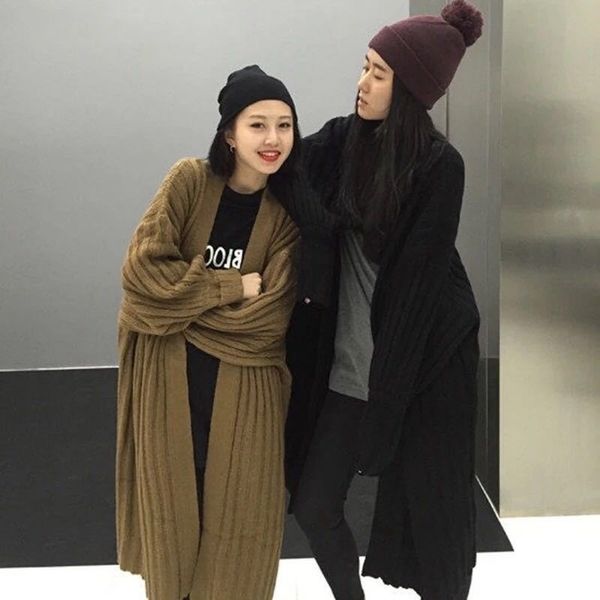 

sweater spring autumn 2021 new cardigan women's loose solid color medium and long versatile sweater fashion lantern sleeve coat, Black